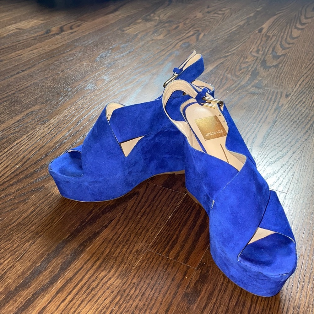 Cobalt blue suede wedges